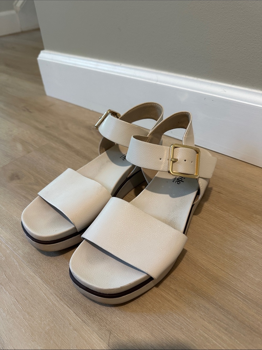 Life Stride Off-White Platform Ankle Strap Sandals with Gold Buckle